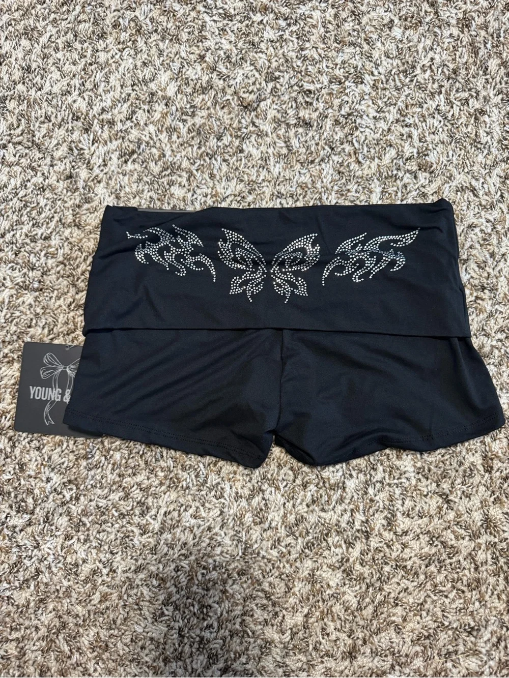 Y2k Black Fold-Over Women’s Dance Shorts with Rhinestone Butterfly
